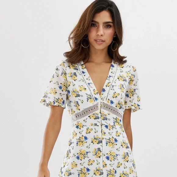 ASOS Lace Insert Button Through Maxi Tea Dress In Ditsy Floral - Picture 5 of 5